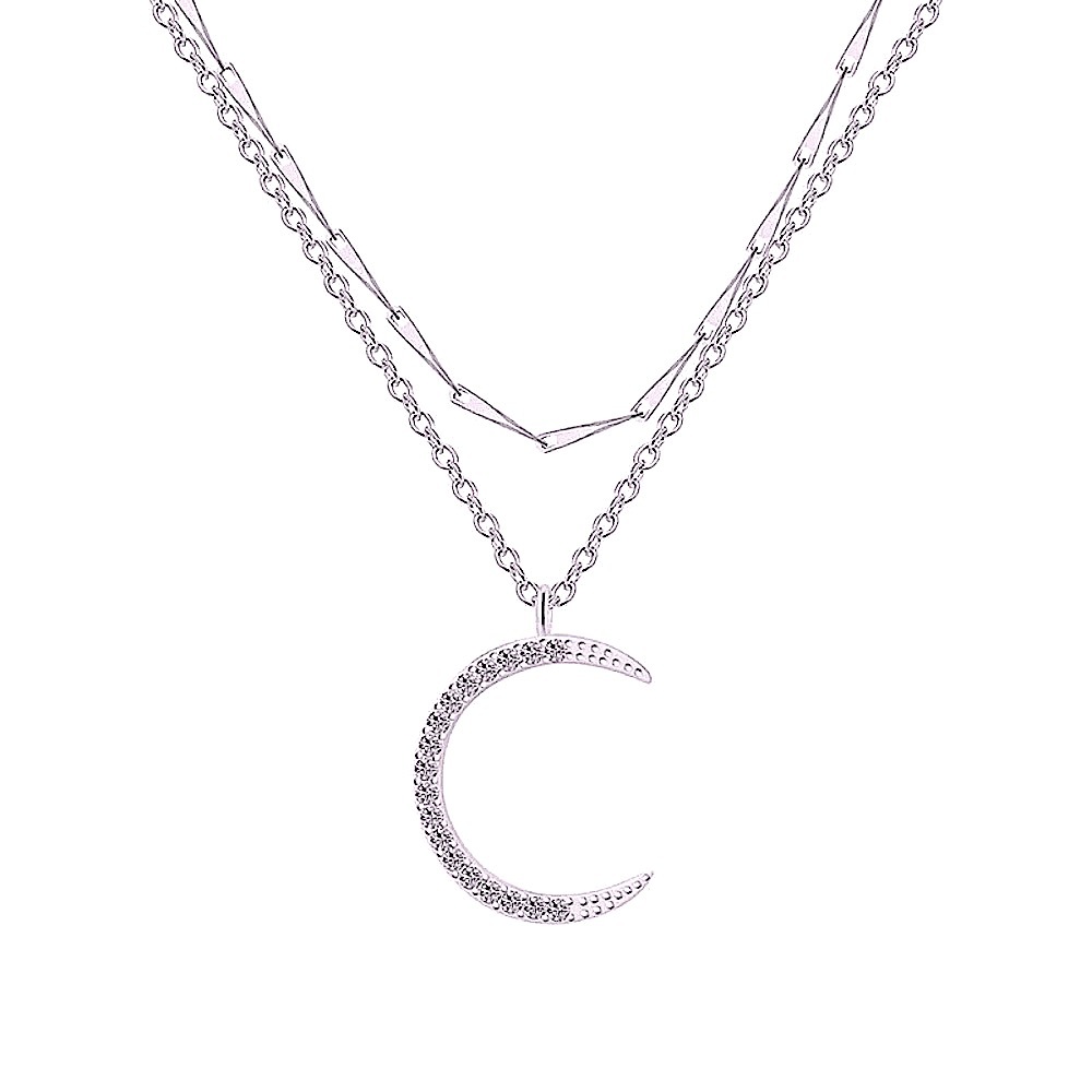 Sparkly Multilayer Moon Necklace, 16-18” | White Gold Over 925 Sterling Silver